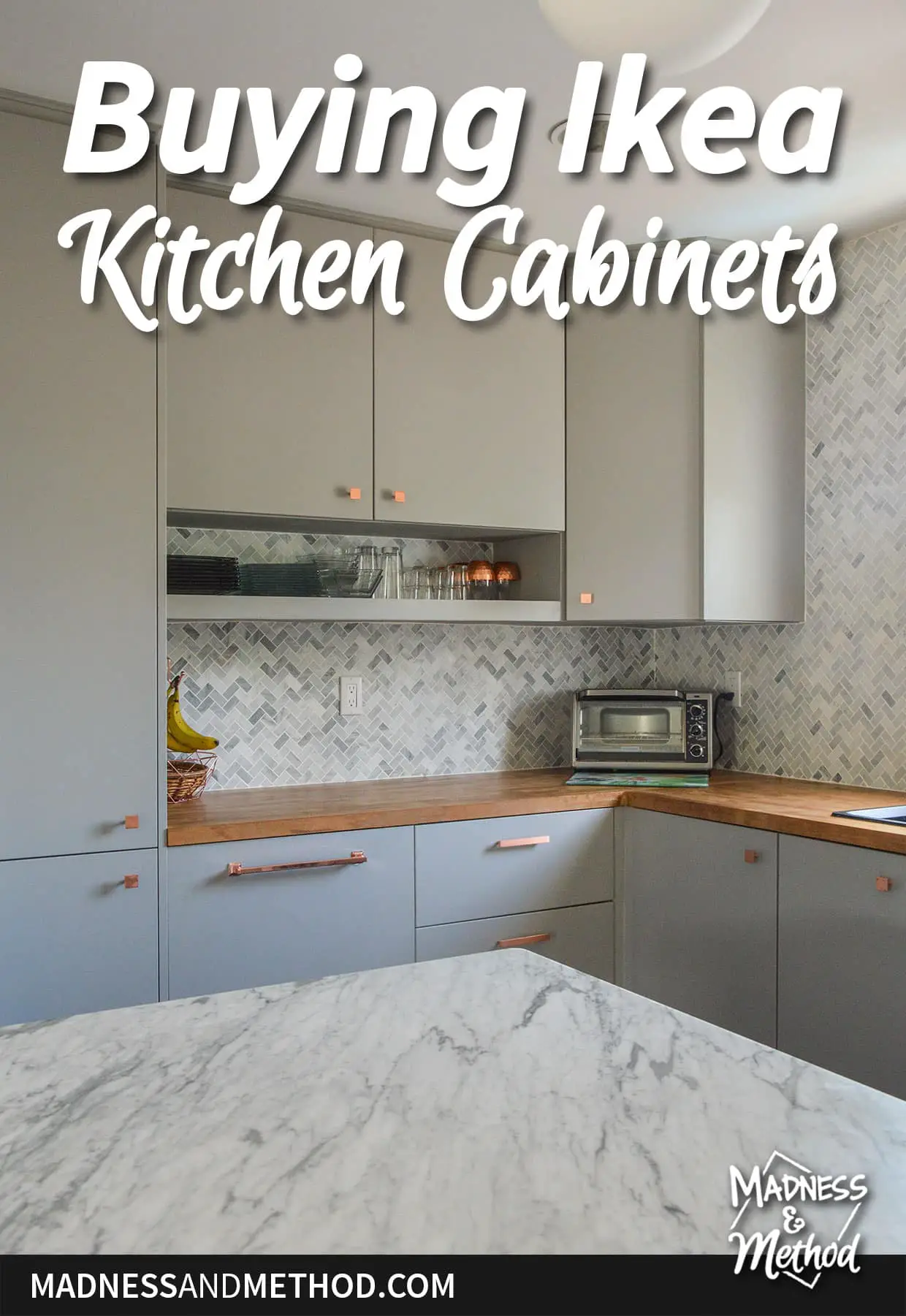 gray kitchen cabinets white marble counter