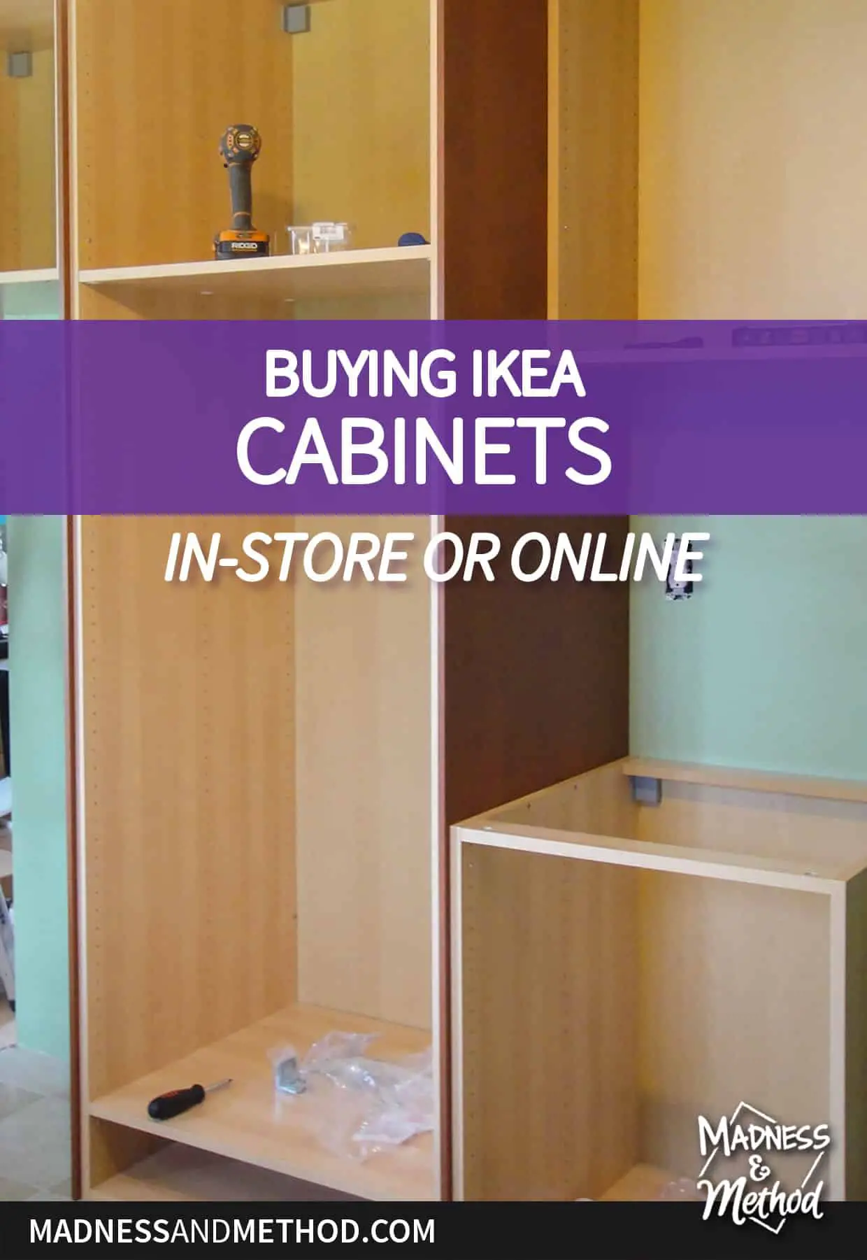 buying ikea cabinets instore or online text overlay with kitchen