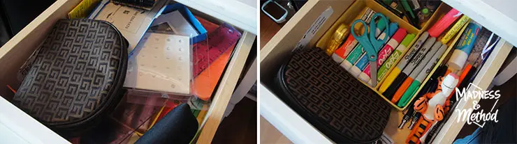 messy desk drawer vs organized drawer