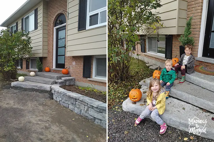front steps with pumpkins and kids