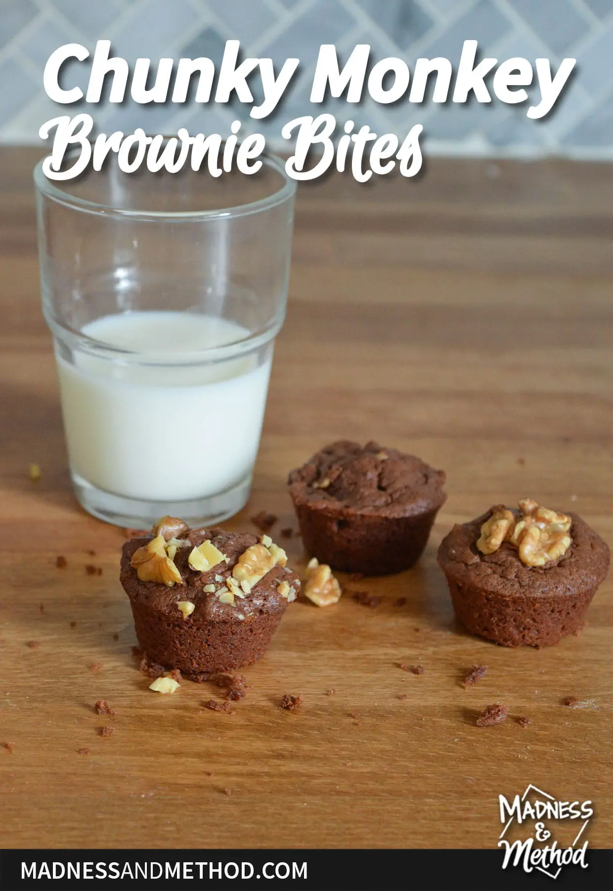 chunky monkey brownie bites text overlay with glass of milk