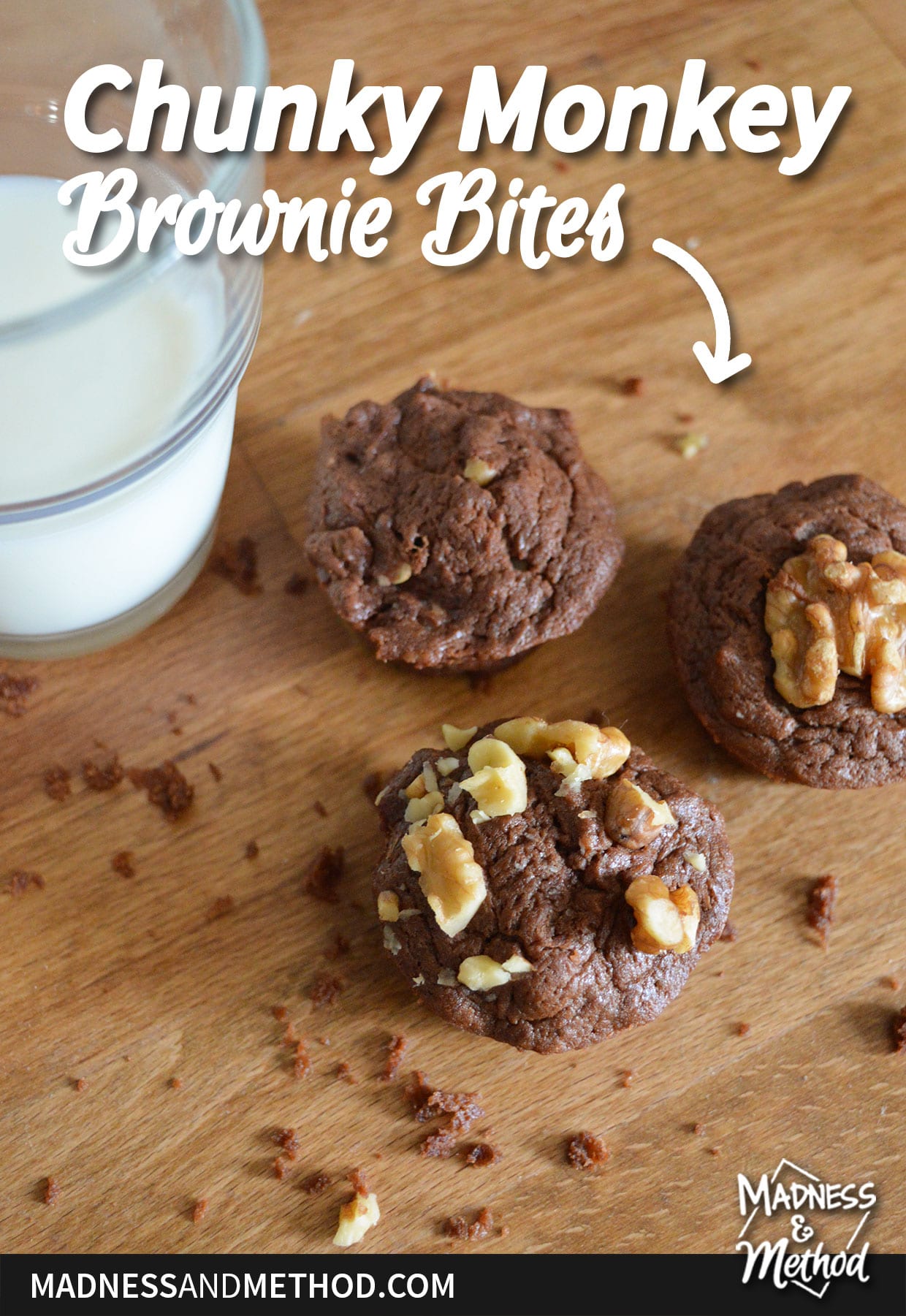 three chocolate brownies with walnuts and glass of milk