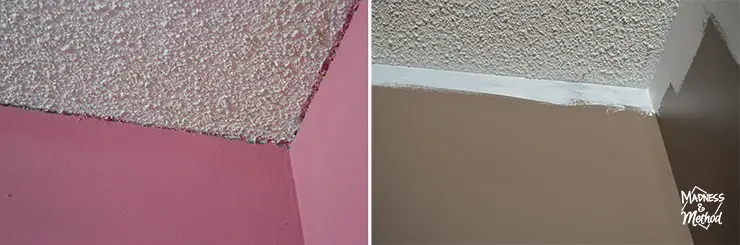 pink walls and white popcorn ceiling with gray walls and white edging