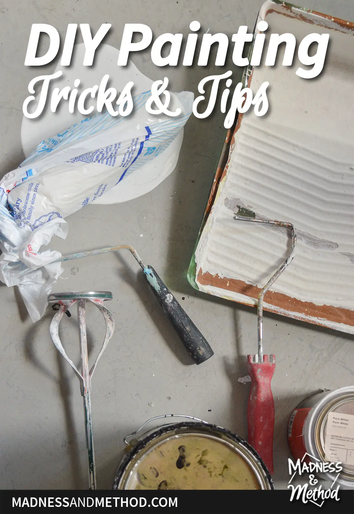 diy painting tricks and tips text overlay with paint supplies