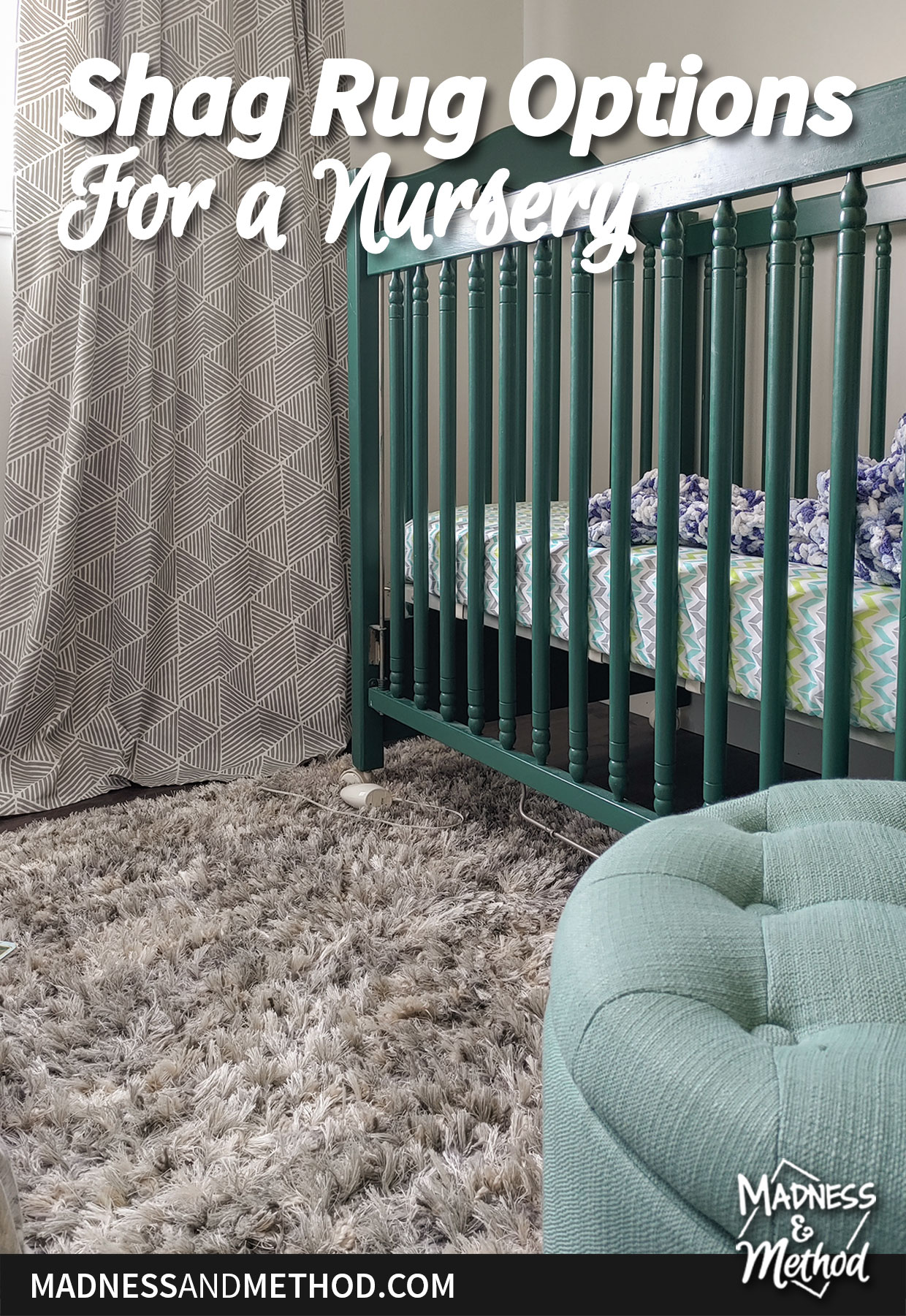 shag gray rug with green crib and turquoise ottoman