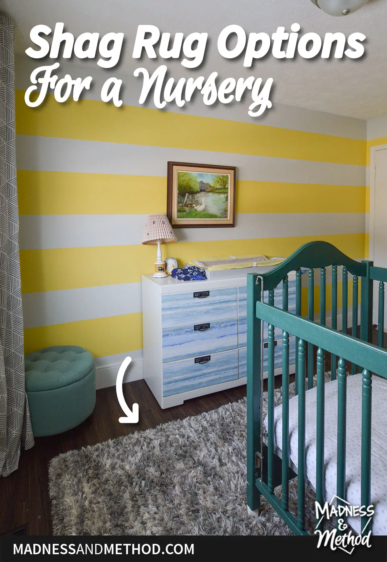 yellow white stripe nursery with gray shag rug