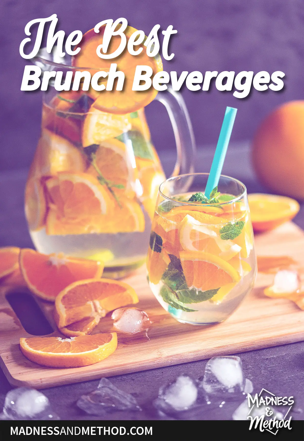 best brunch beverages text overlay with pitcher and glass of orange juice