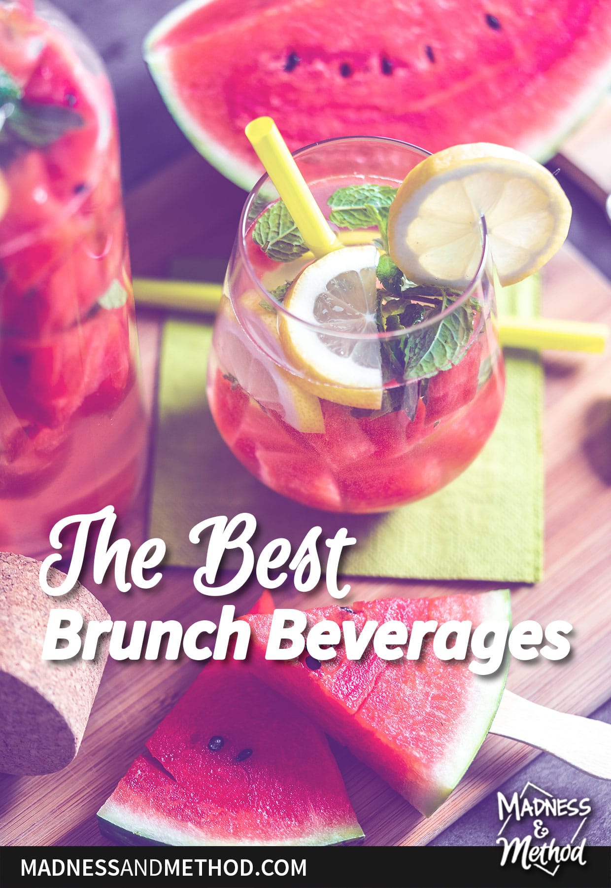 clear pitcher and glass with watermelon juice and slices