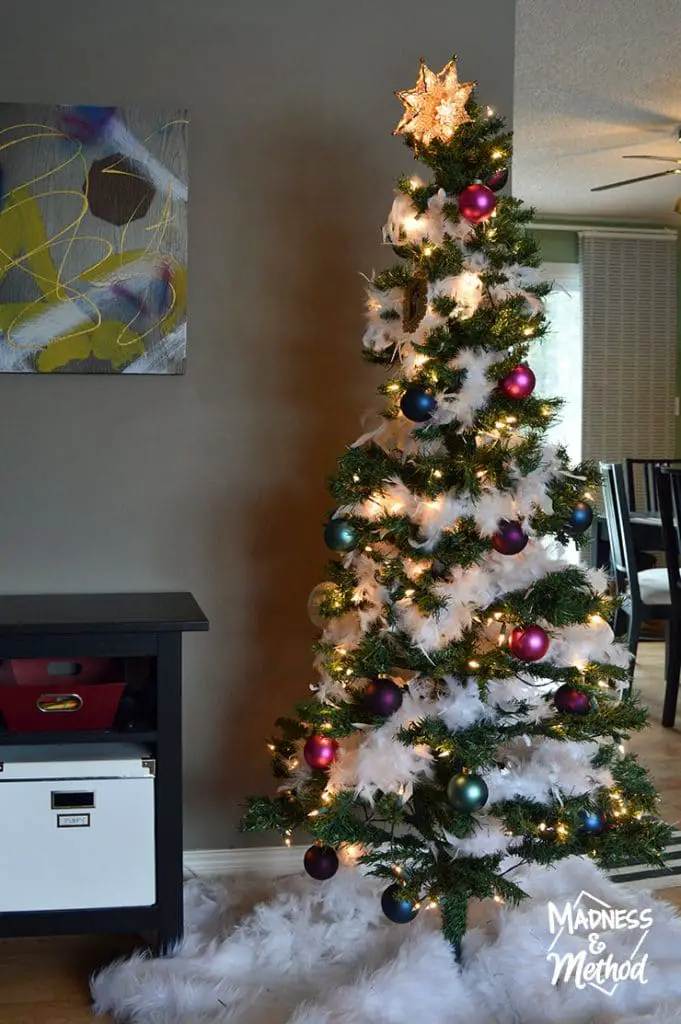 jewel-toned christmas tree in living room