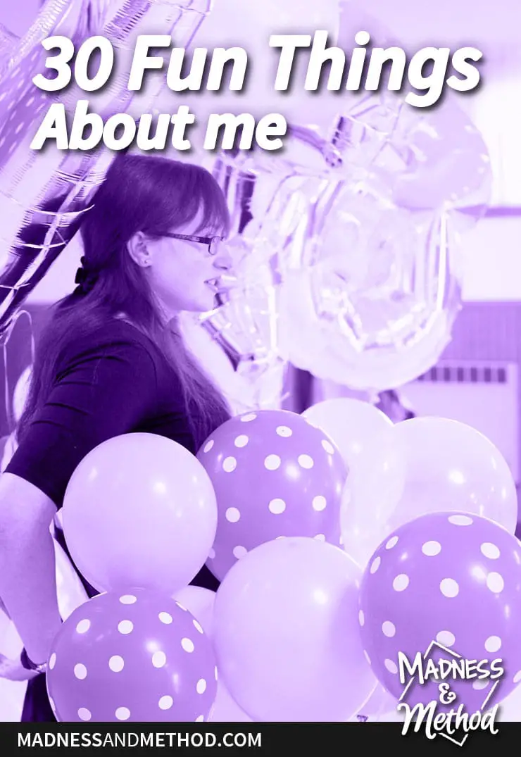 30 things about me purple balloon graphic