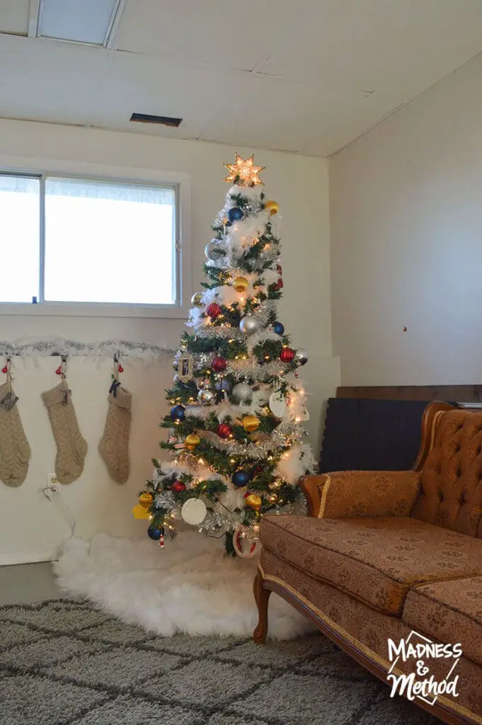 basement christmas tree setup