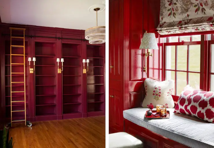 red painted built ins