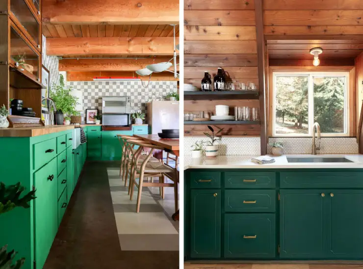 green kitchen cabinets wood walls