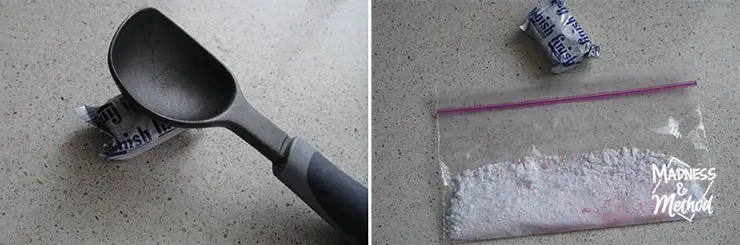 smashing a powder dishwasher tab