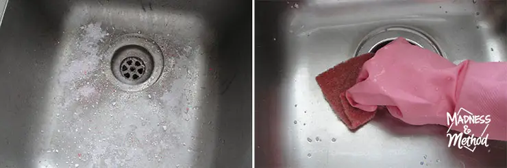 using dishwasher soap to scrub and clean a kitchen sink