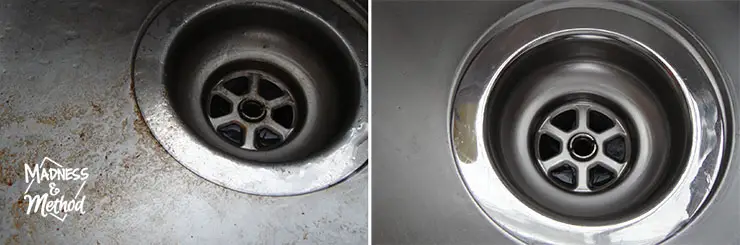 dirty stainless steel sink drain before and after