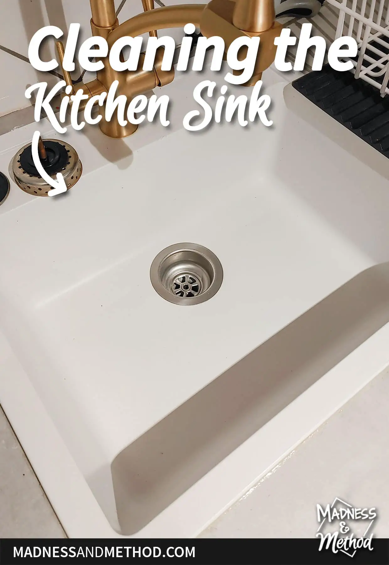 cleaning the kitchen sink text overlay on white sink