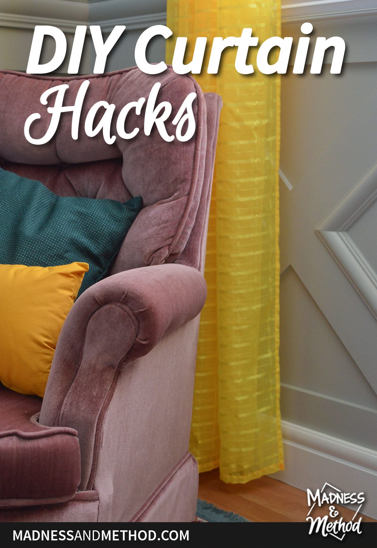 pink velvet armchair next to bright yellow curtains and gray wall