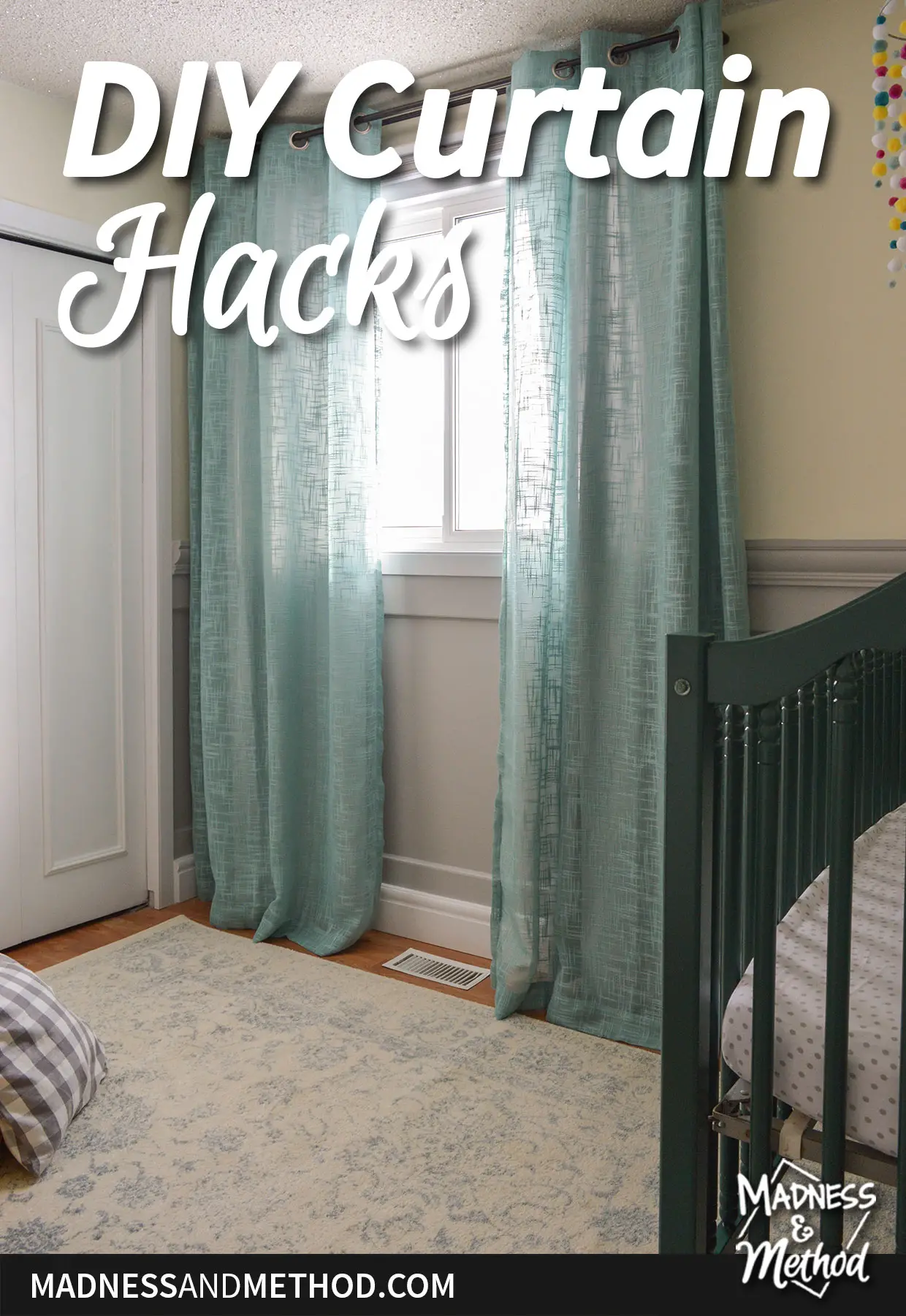 diy curtain hacks text overlay on window with teal curtains in nursery