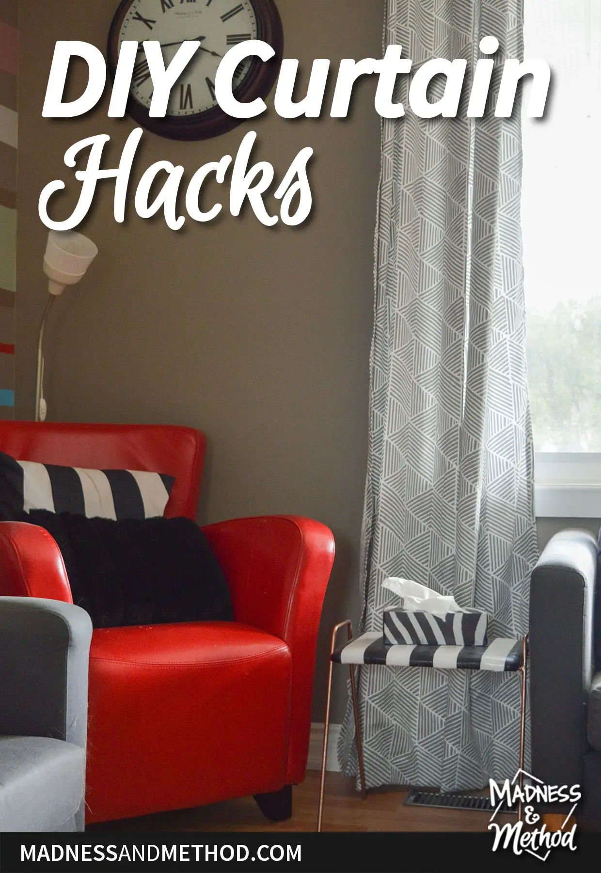 diy curtain hacks text overlay on dark taupe walls with red chair and light curtains