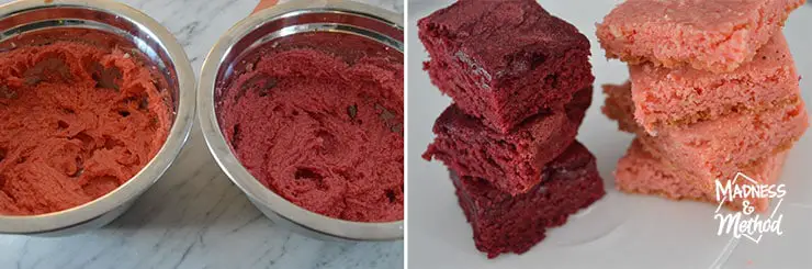 two bowls of batter compared to two cooked brownies