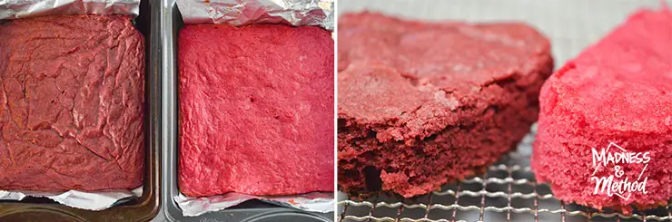 tops of baked red velvet brownie and cut into the side