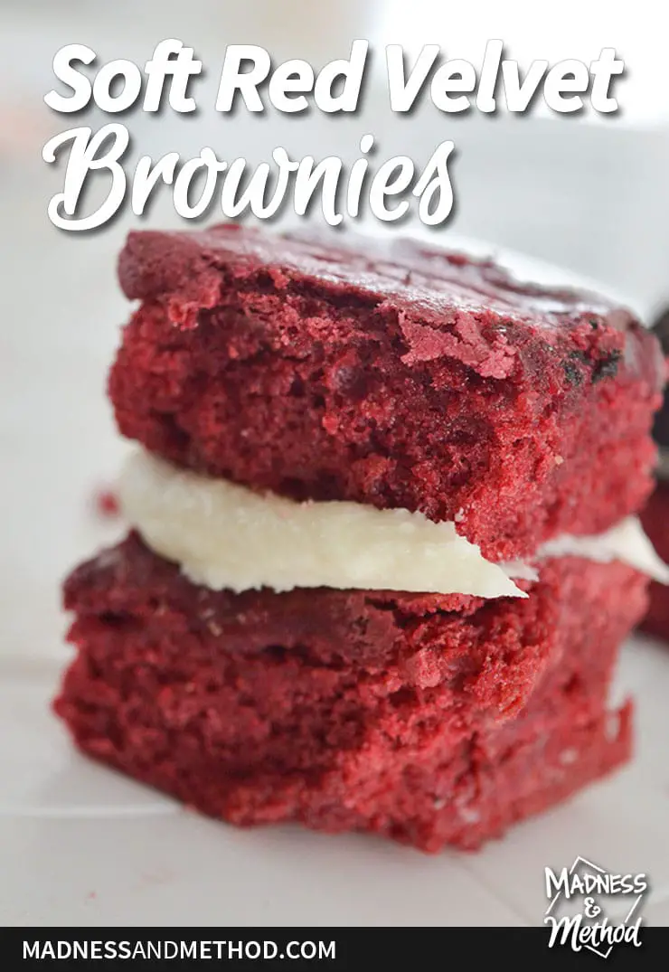 red velvet brownie with frosting and soft red velvet brownies text overlay