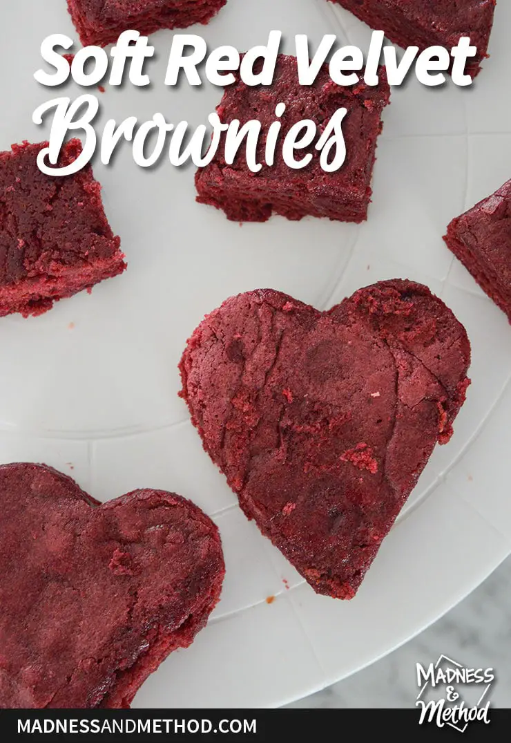 heart shaped red velvet brownie with soft red velvet brownies text overlay