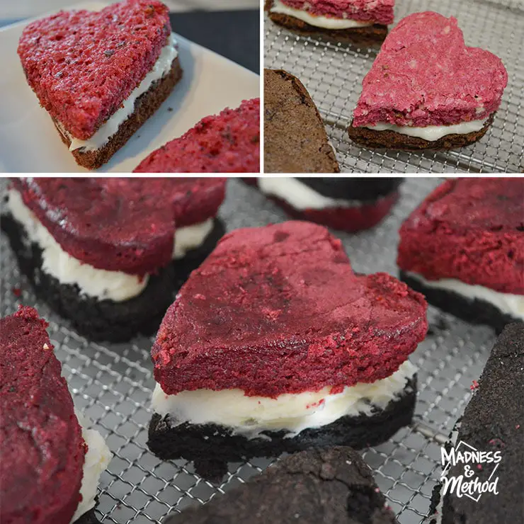 three different views of heart shaped red velvet brownie sandwiches make with cream cheese