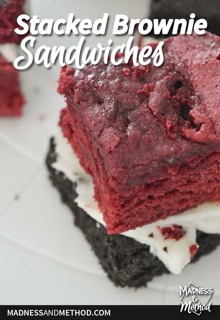 red velvet and chocolate brownies with frosting and stacked brownie sandwiches text overlay