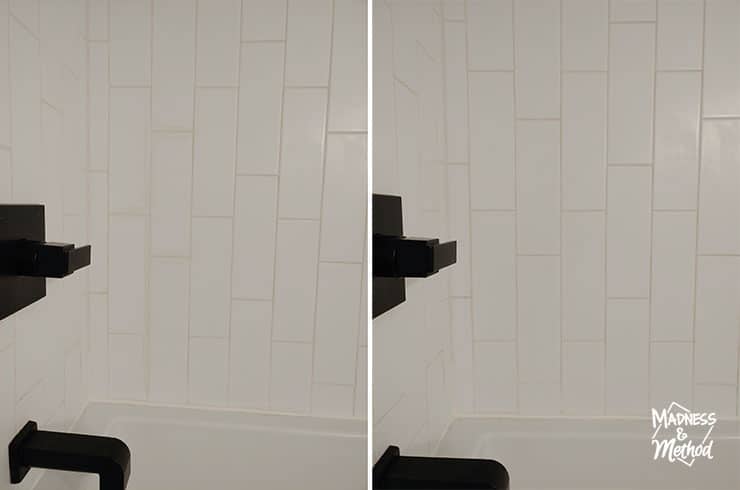 white subway tiles in shower with grout paint