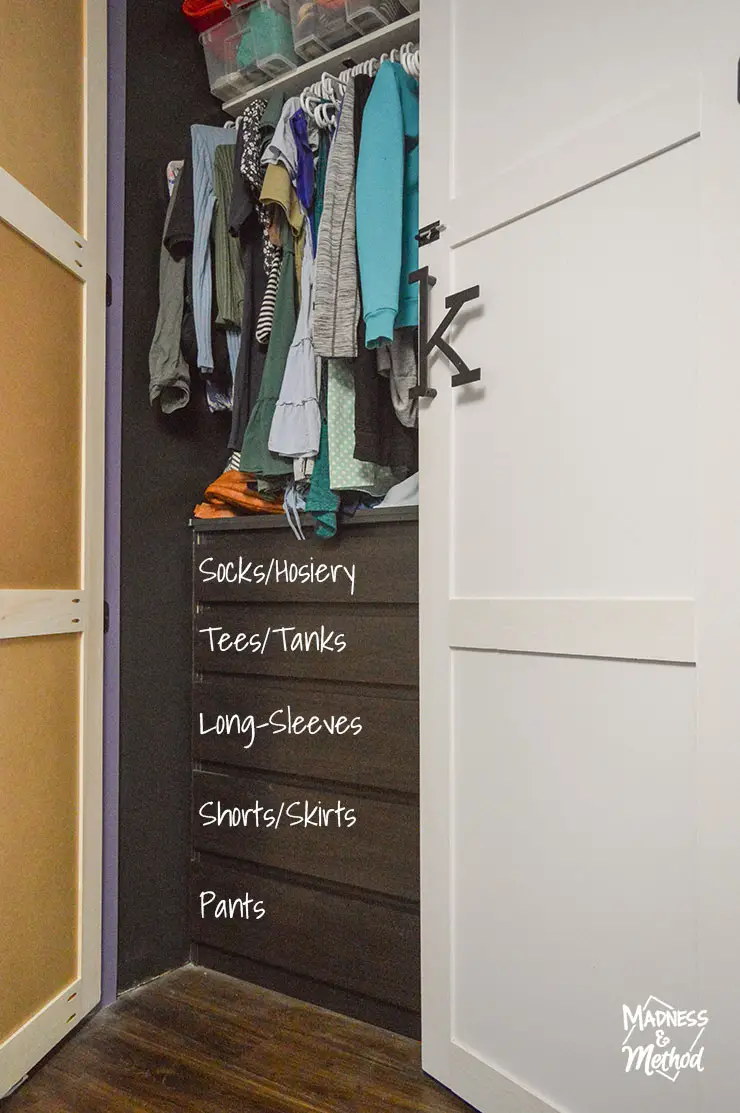 dresser in closet with hangers and text overlay