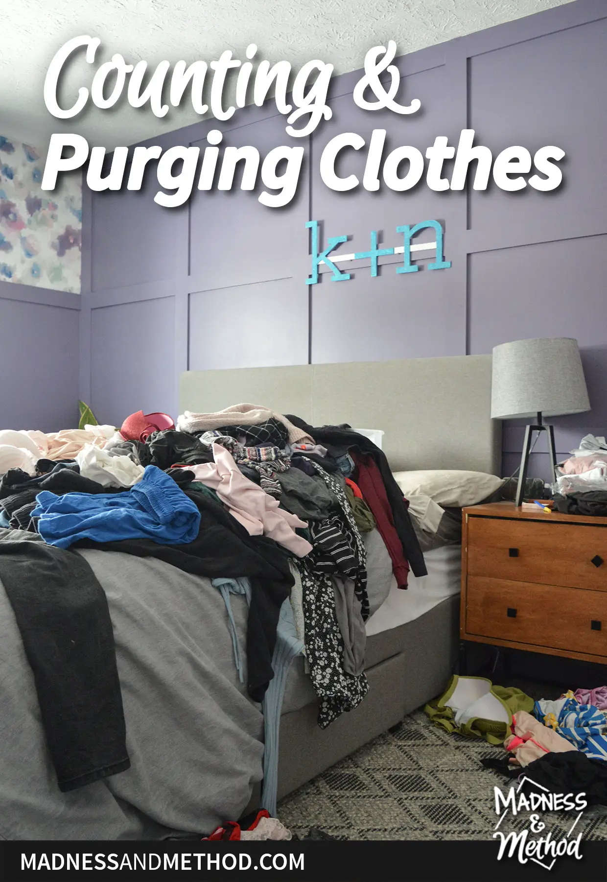 counting and purging clothes text overlay on pile of clothes on bed