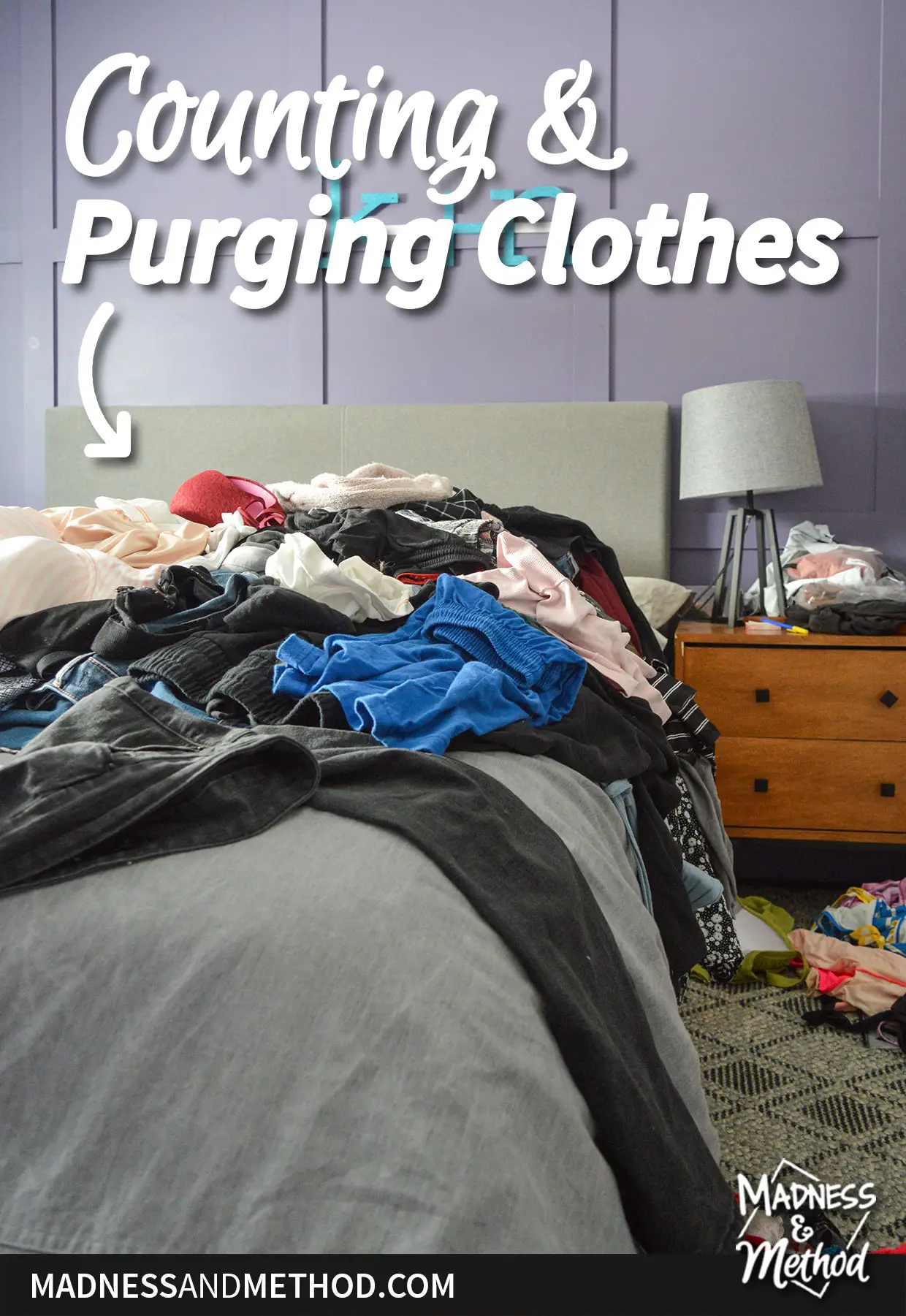 counting and purging clothes text overlay with pile of clothes in purple room
