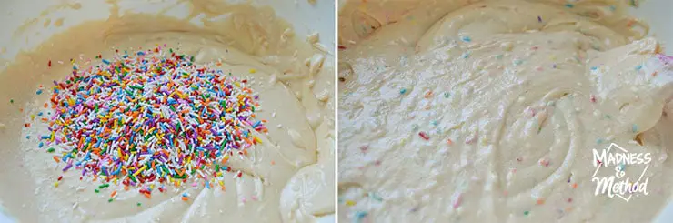 vanilla cake batter with rainbow sprinkles