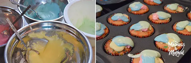 mixing rainbow marble frosting