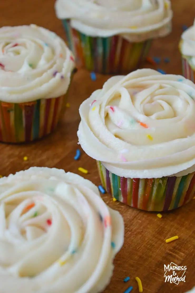 rainbow funfetti cupcakes with white frosting