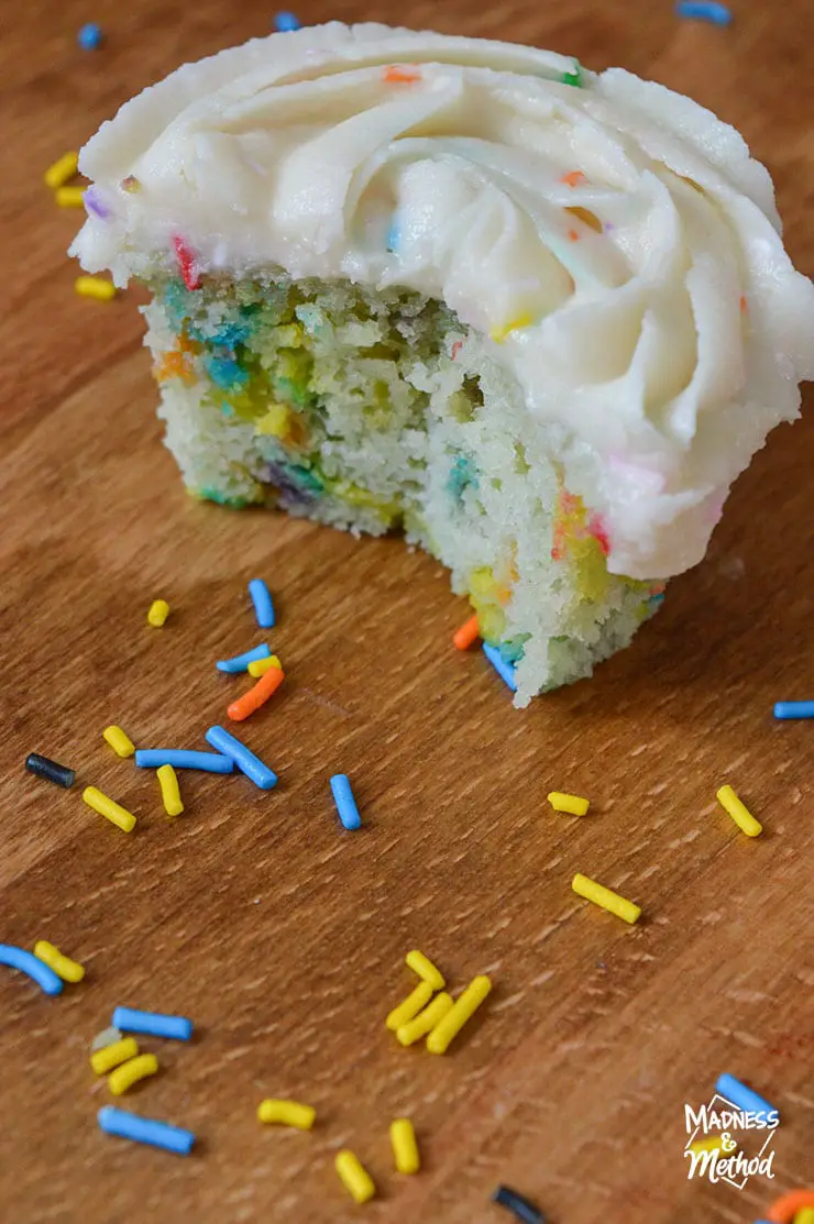 funfetti cupcake inside with sprinkles
