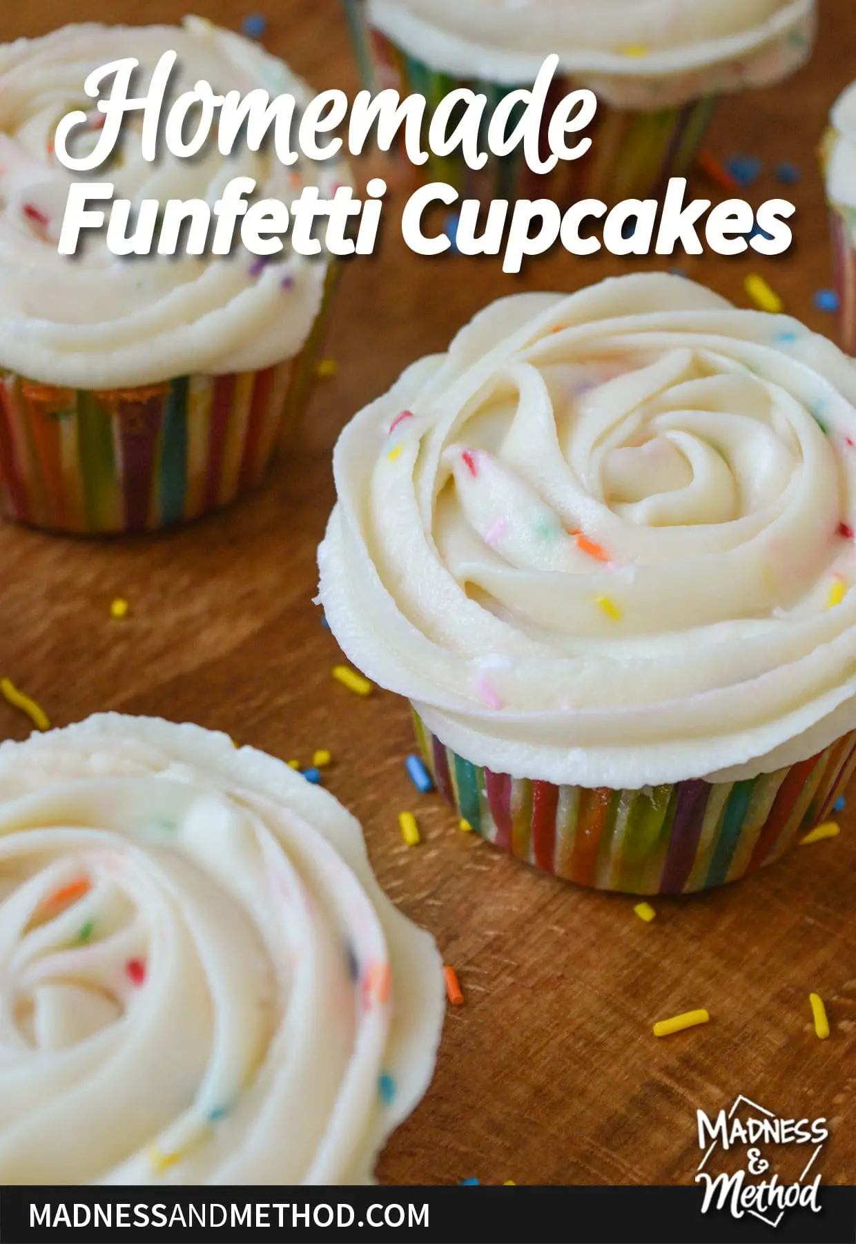 homemade funfetti cupcakes text overlay with rose frosted cupcake