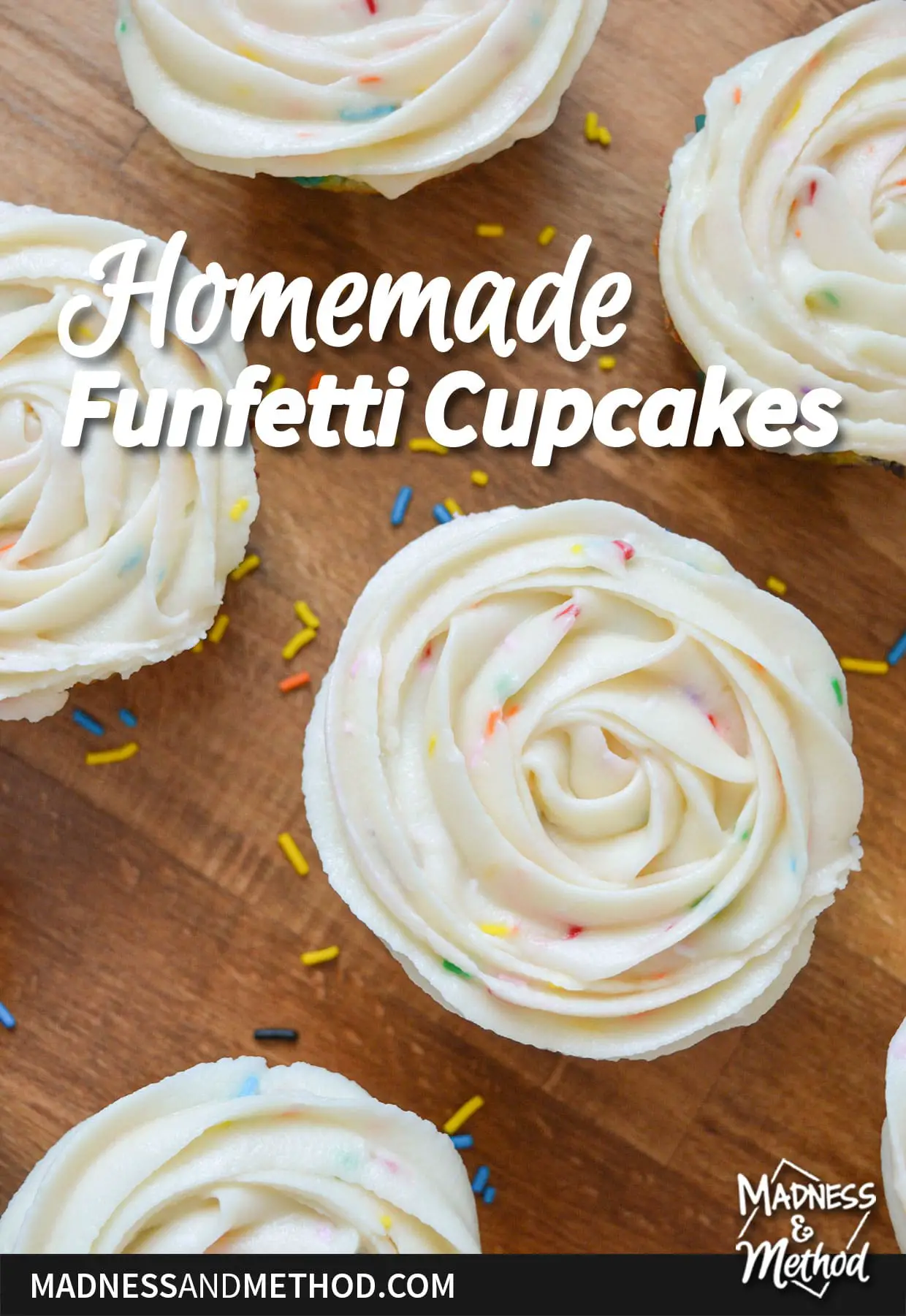 homemade funfetti cupcakes text overlay with cupcakes
