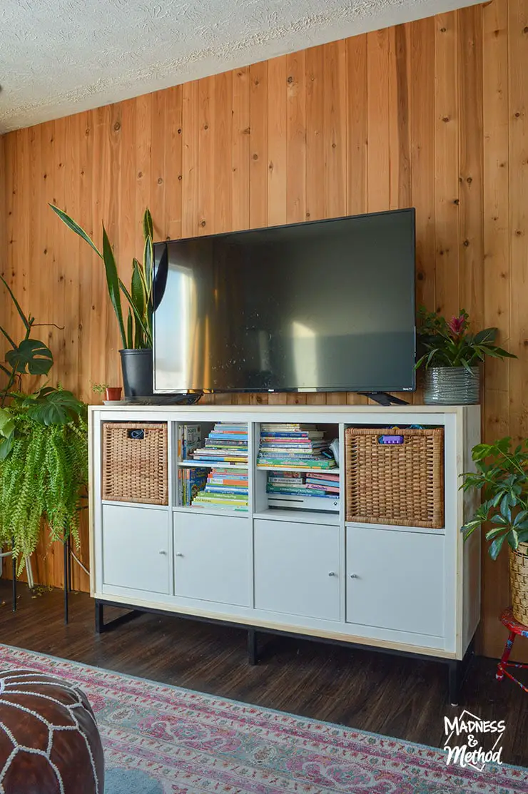 tv console ikea kallax hack