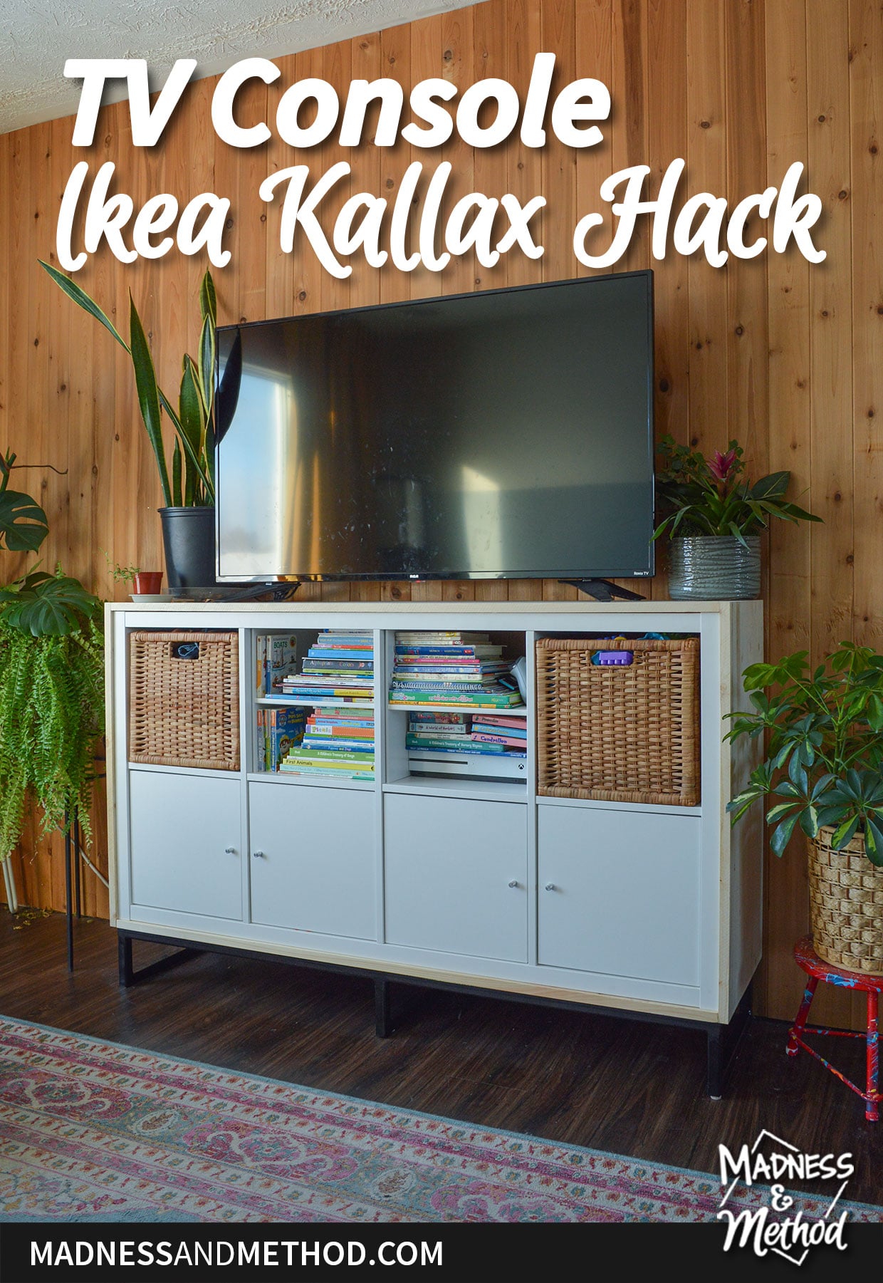 tv console ikea kallax hack text overlay with tv kallax and wood slat wall