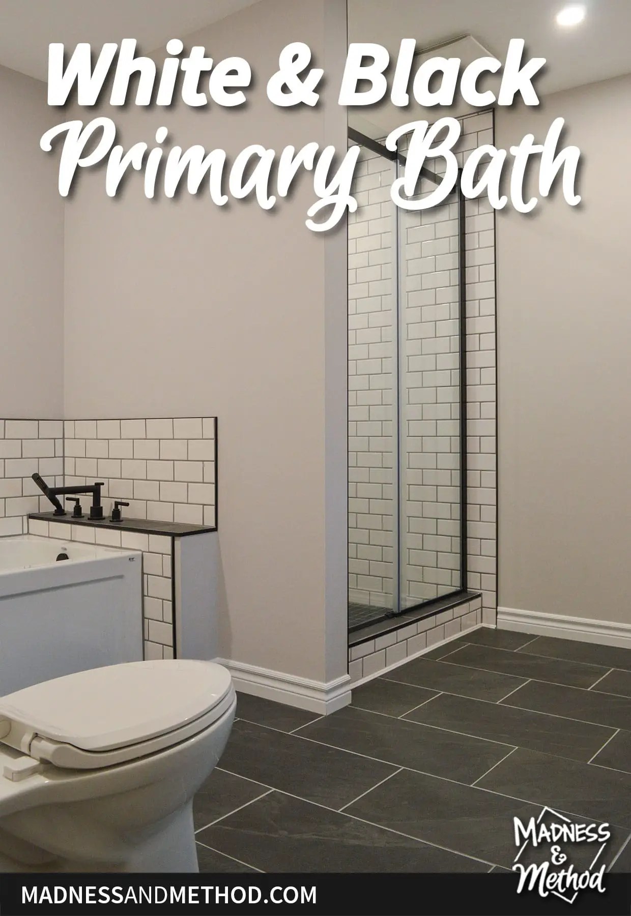 white and black primary bath text overlay with shower and tub