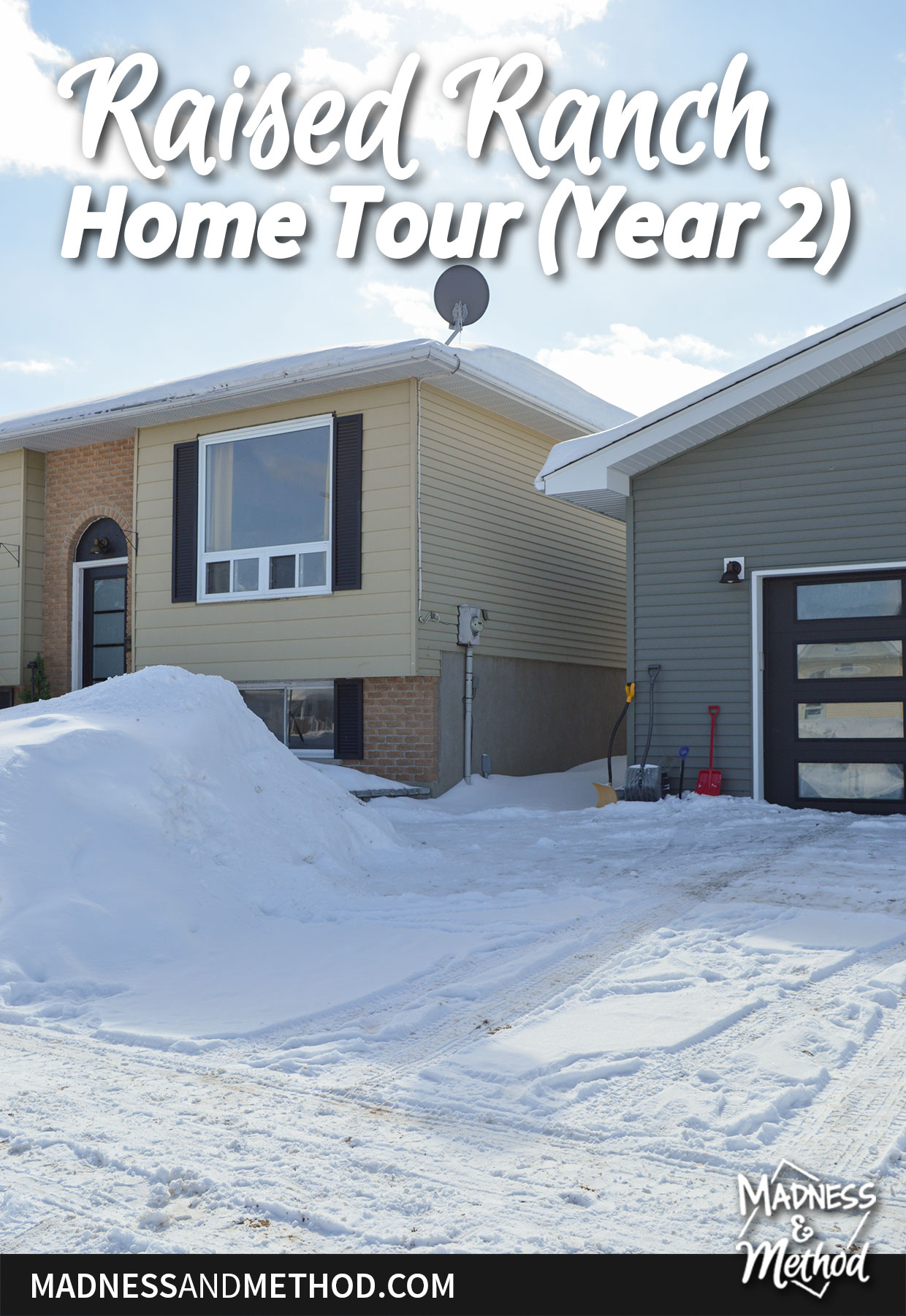 snowy raised ranch exterior