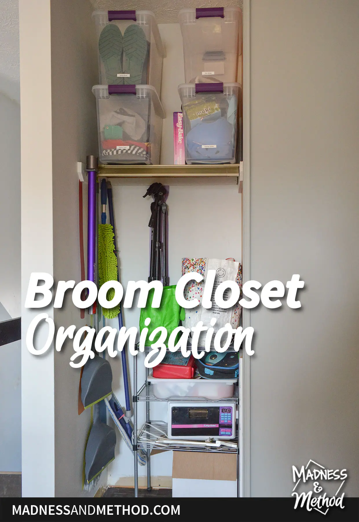 broom closet organization text overlay with closet interior