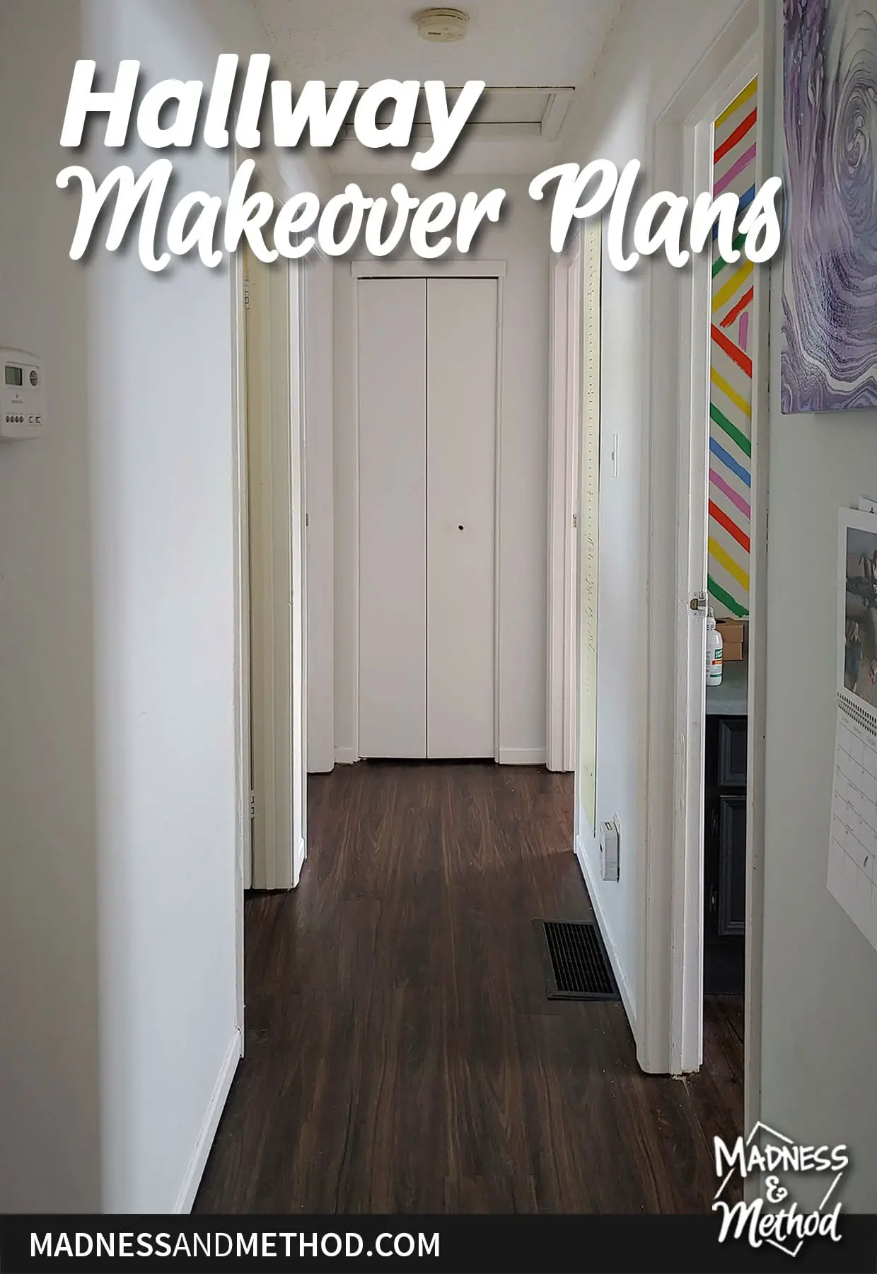 hallway makeover plans text overlay with white walls and dark floors