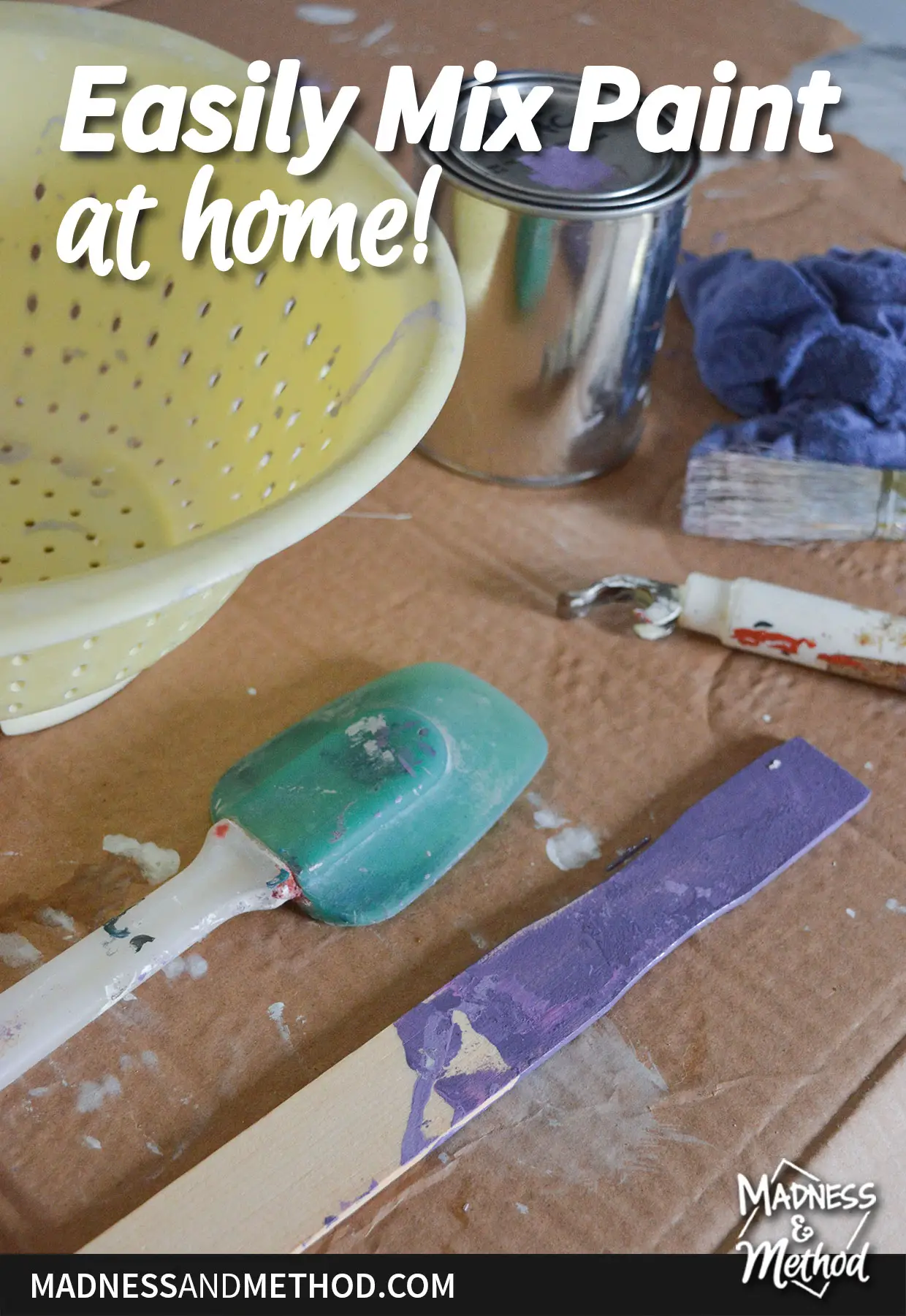 mix paint at home text overlay with spatula and stir stick