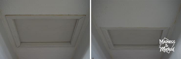 white attic access before and after caulk