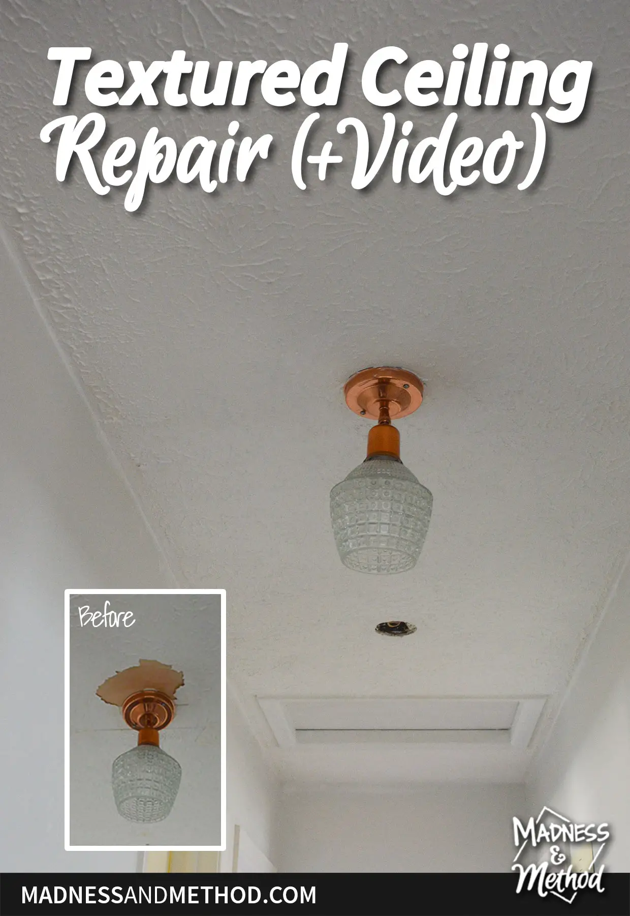 textured ceiling repair text overlay with before after image