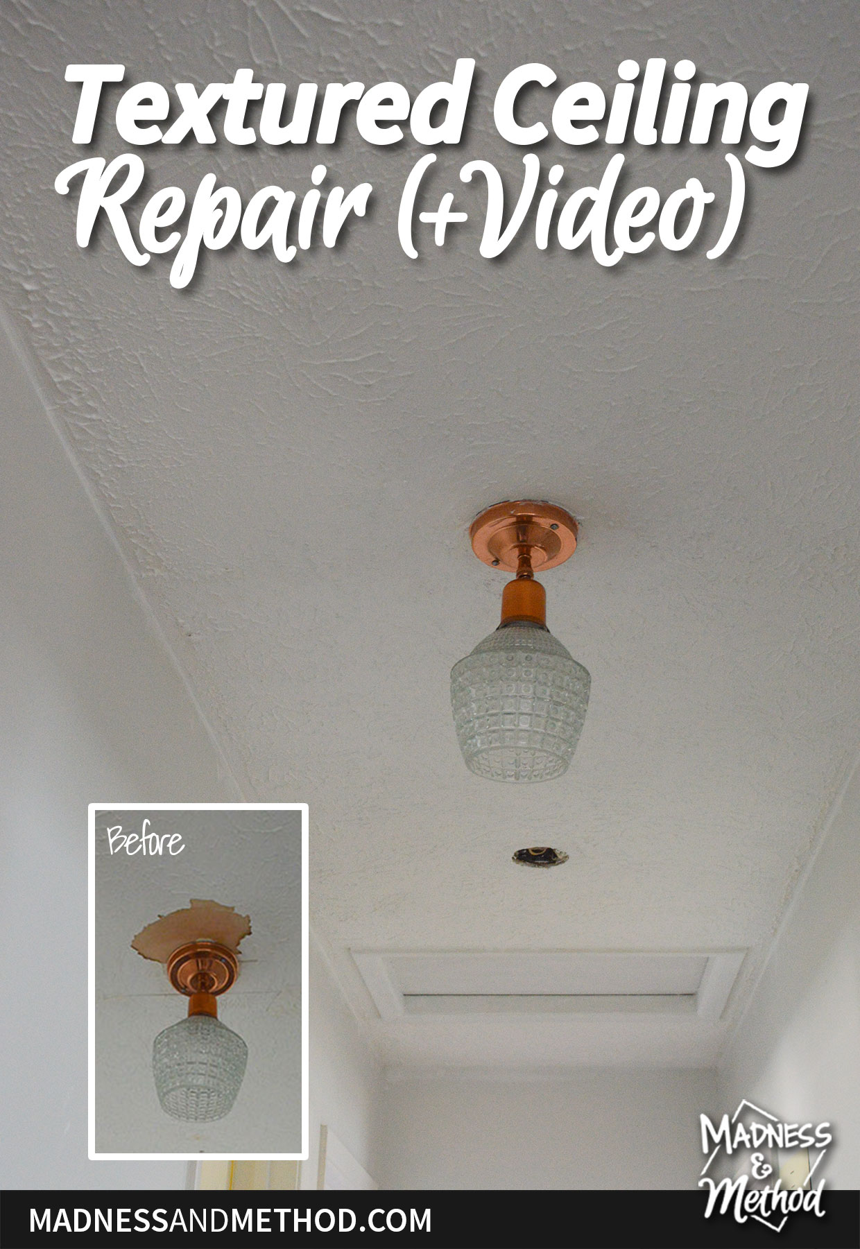 textured ceiling repair text overlay with before after image